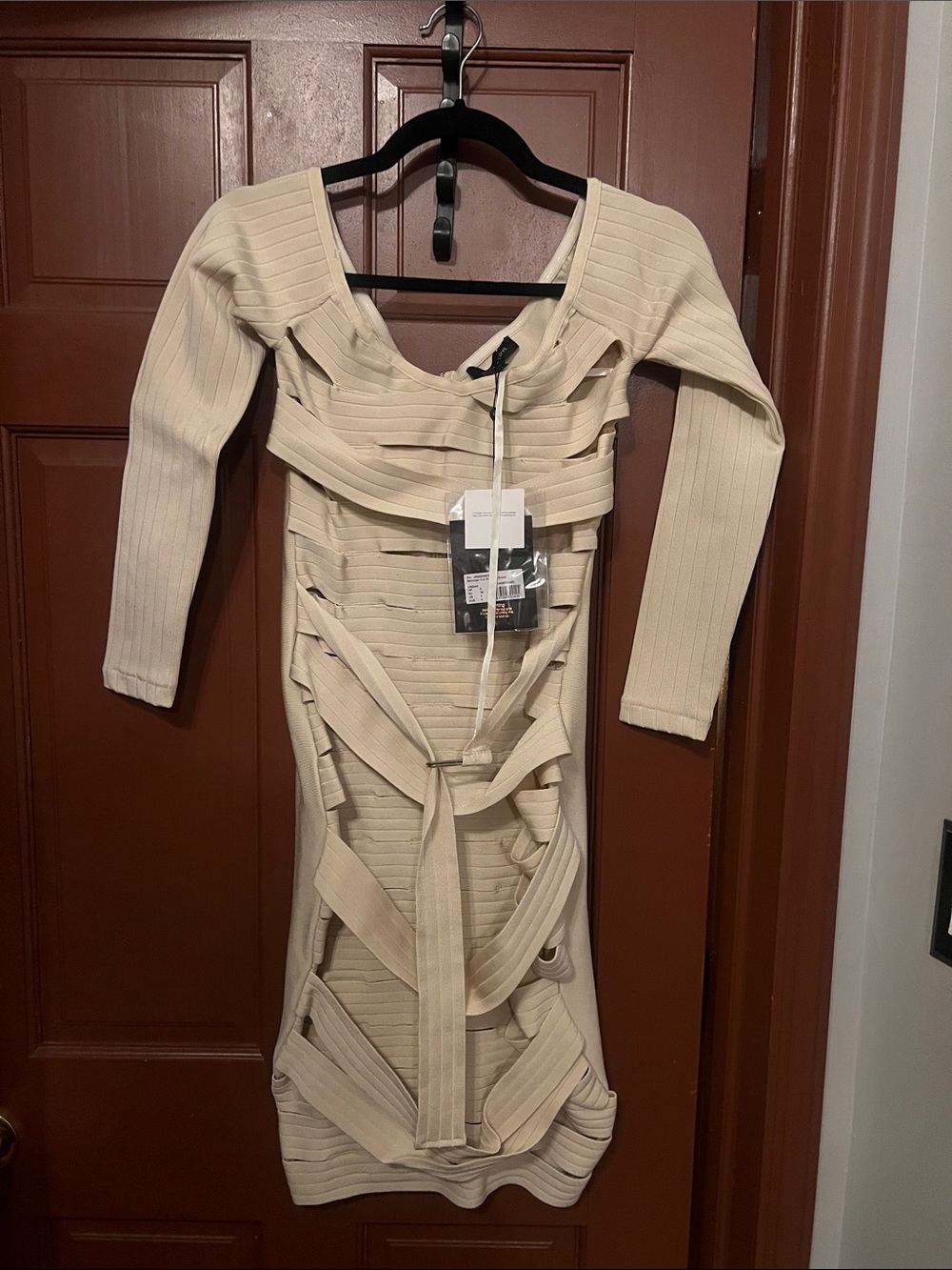Beige Bandage Cutout Long Sleeve Dress